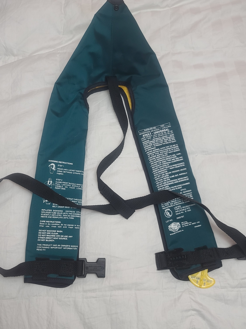 Adult Universal Inflatable Life Jacket - Teal with Yellow Lining Made By Stearns